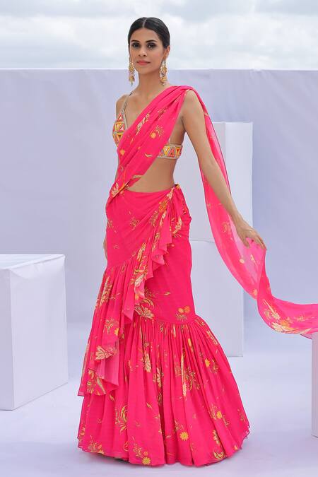 Shop_Foram Patel_Pink Georgette, Net Cut Work, Pre-draped Ruffle Paisley Print Saree With Blouse_Online_at_Aza_Fashions