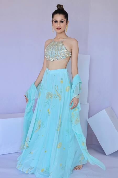 Foram Patel Blue Crepe, Georgette Cut Work, Mirrors, Embroidery Paisley Print Sharara Set Online at Aza Fashions Foram Patel_Blue Crepe, Georgette Cut Work, Mirrors, Embroidery Paisley Print Sharara Set_Online_at_Aza_Fashions