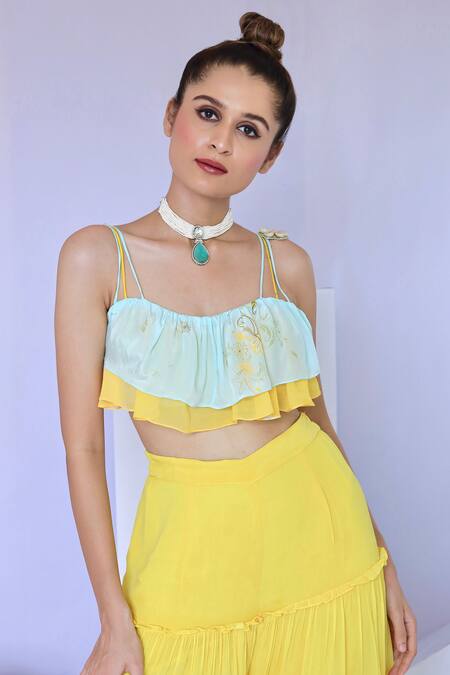 Foram Patel Yellow Net, Georgette Embroidery Tiered Flared Pant With Printed Ruffle Blouse Online at Aza Fashions Foram Patel_Yellow Net, Georgette Embroidery Tiered Flared Pant With Printed Ruffle Blouse_Online_at_Aza_Fashions