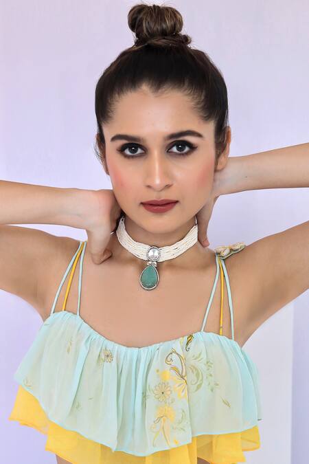 Shop Foram Patel Yellow Net, Georgette Embroidery Tiered Flared Pant With Printed Ruffle Blouse Online at Aza Fashions Shop_Foram Patel_Yellow Net, Georgette Embroidery Tiered Flared Pant With Printed Ruffle Blouse_Online_at_Aza_Fashions