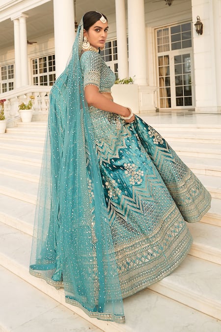 Basanti Kapde aur Koffee_Blue Velvet, Net Embroidery, Sequins, Zari Asymmetric Lehenga Set_at_Aza_Fashions