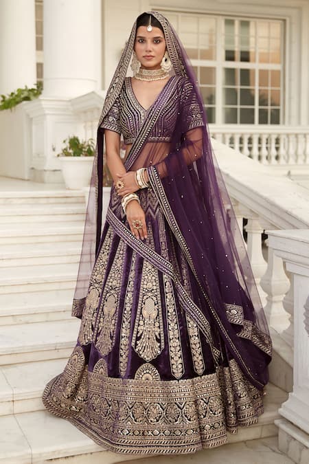 Basanti - Kapde Aur Koffee Purple Velvet Embroidered Resham V Neck Zari Bridal Lehenga Set 