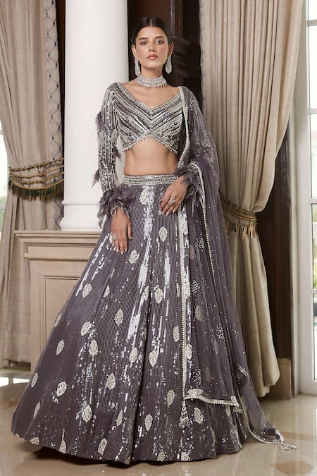Grey Designer Heavy beads Embroidered in Net fabric. Wedding Bridal Le –  paanericlothing