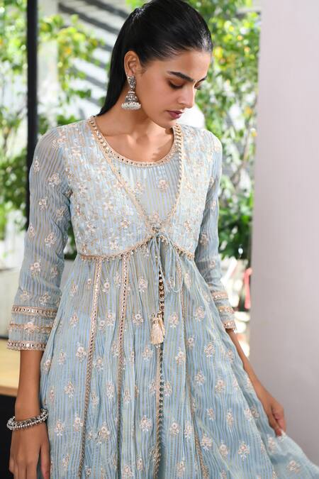 Shop_Mulmul_Blue Tencel Luxe Woven And Finsbury Anarkali & Dhoti Pant Set _Online_at_Aza_Fashions