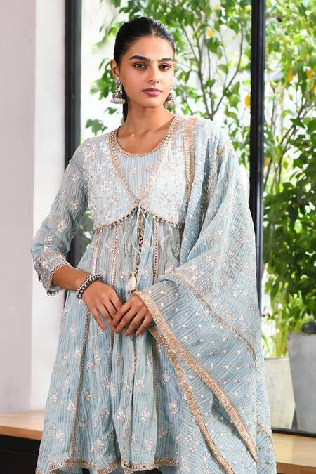 Buy_Mulmul_Blue Tencel Luxe Woven And Embroidered Finsbury Anarkali Dhoti Pant Set _Online_at_Aza_Fashions