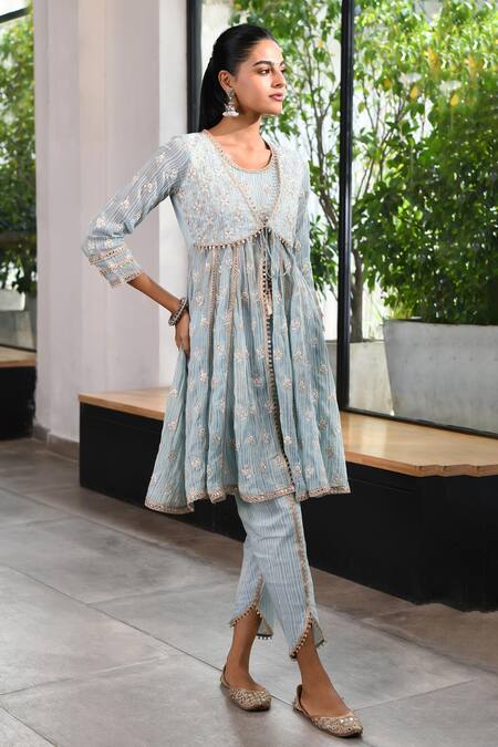 Shop_Mulmul_Blue Tencel Luxe Woven And Embroidered Finsbury Anarkali Dhoti Pant Set _Online_at_Aza_Fashions