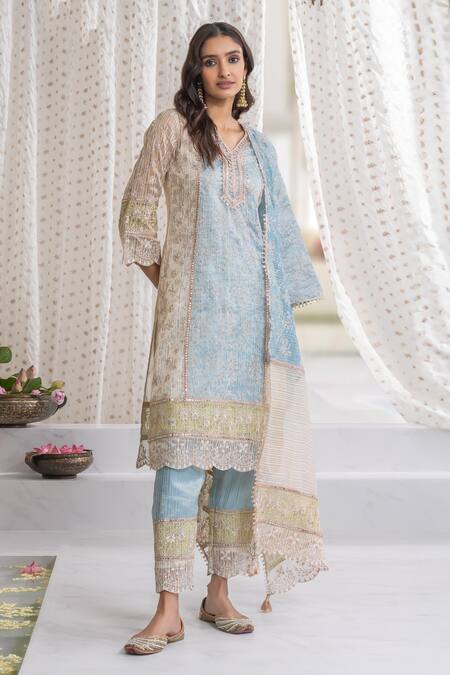Shop Mulmul Blue Tencel, Cotton Cut Work, Embroidery, Tassels V-neck Woven Stripe Kurta Set at Aza Fashions Shop_Mulmul_Blue Tencel, Cotton Cut Work, Embroidery, Tassels V-neck Woven Stripe Kurta Set_at_Aza_Fashions