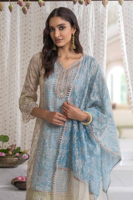 Mulmul Blue Tencel, Cotton Cut Work, Embroidery, Tassels V-neck Woven Stripe Kurta Set Online at Aza Fashions Mulmul_Blue Tencel, Cotton Cut Work, Embroidery, Tassels V-neck Woven Stripe Kurta Set_Online_at_Aza_Fashions