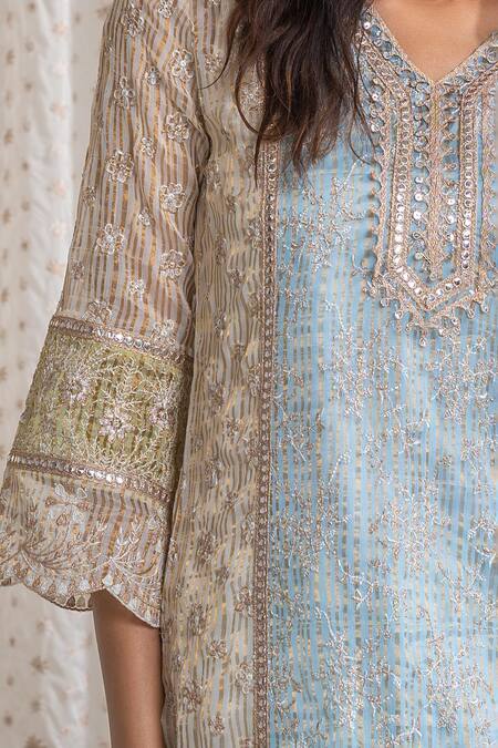 Buy Mulmul Blue Tencel, Cotton Cut Work, Embroidery, Tassels V-neck Woven Stripe Kurta Set Online at Aza Fashions Buy_Mulmul_Blue Tencel, Cotton Cut Work, Embroidery, Tassels V-neck Woven Stripe Kurta Set_Online_at_Aza_Fashions