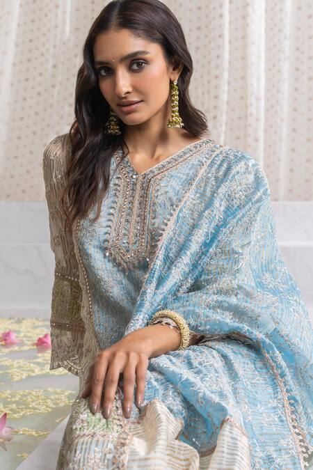 Shop Mulmul Blue Tencel, Cotton Cut Work, Embroidery, Tassels V-neck Woven Stripe Kurta Set Online at Aza Fashions Shop_Mulmul_Blue Tencel, Cotton Cut Work, Embroidery, Tassels V-neck Woven Stripe Kurta Set_Online_at_Aza_Fashions