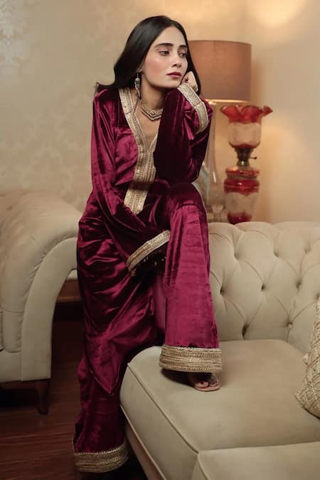 Shop Roze Maroon Lycra, Velvet Sequins, Nargis Embroidered Work Kurta With Flared Pant at Aza Fashions Shop_Roze_Maroon Lycra, Velvet Sequins, Nargis Embroidered Work Kurta With Flared Pant _at_Aza_Fashions
