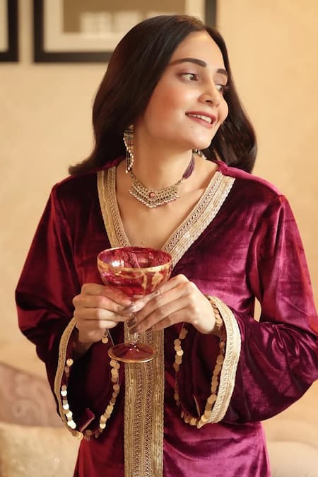 Buy Roze Maroon Lycra, Velvet Sequins, Nargis Embroidered Work Kurta With Flared Pant Online at Aza Fashions Buy_Roze_Maroon Lycra, Velvet Sequins, Nargis Embroidered Work Kurta With Flared Pant _Online_at_Aza_Fashions