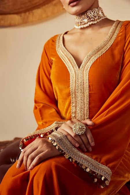 Buy Roze Orange Velvet Sequins, Lace V-neck Nargis Work Kurta With Flared Pant Online at Aza Fashions Buy_Roze_Orange Velvet Sequins, Lace V-neck Nargis Work Kurta With Flared Pant _Online_at_Aza_Fashions