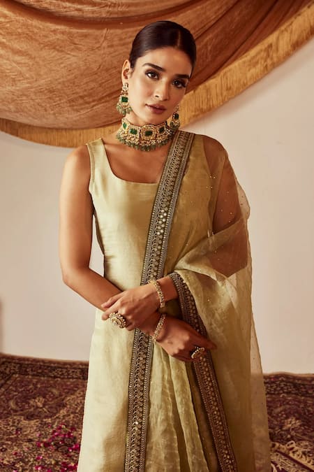 Buy_Roze_Green Organza, Muslin Sequins, Lace Nisa Embellished Kurta Flared Pant Set _Online_at_Aza_Fashions