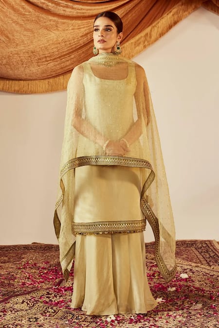 Shop_Roze_Green Organza, Muslin Sequins, Lace Nisa Embellished Kurta Flared Pant Set _Online_at_Aza_Fashions