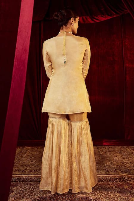 Roze_Gold Tissue, Muslin Lace, Sequins Scoop Sultana Embellished Kurta Sharara Set _Online_at_Aza_Fashions