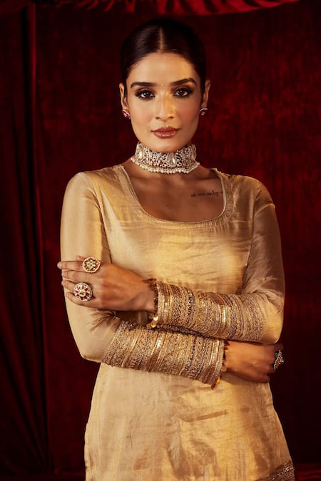 Shop_Roze_Gold Tissue, Muslin Lace, Sequins Scoop Sultana Embellished Kurta Sharara Set _Online_at_Aza_Fashions