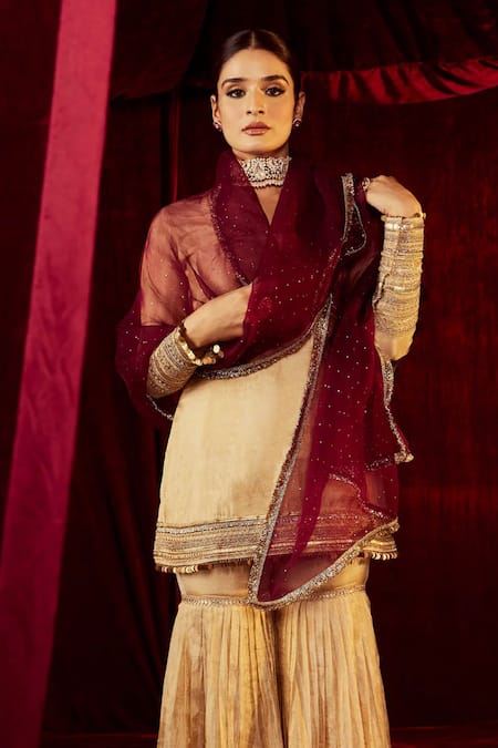 Roze_Gold Tissue, Muslin Lace, Sequins Scoop Sultana Embellished Kurta Sharara Set _at_Aza_Fashions