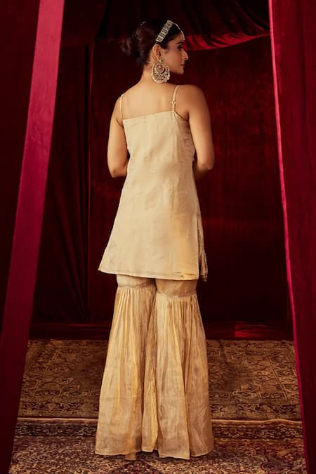 Shop_Roze_Gold Tissue, Muslin Sequins, Lace Square Sultana Embellished Kurta Sharara Set _at_Aza_Fashions