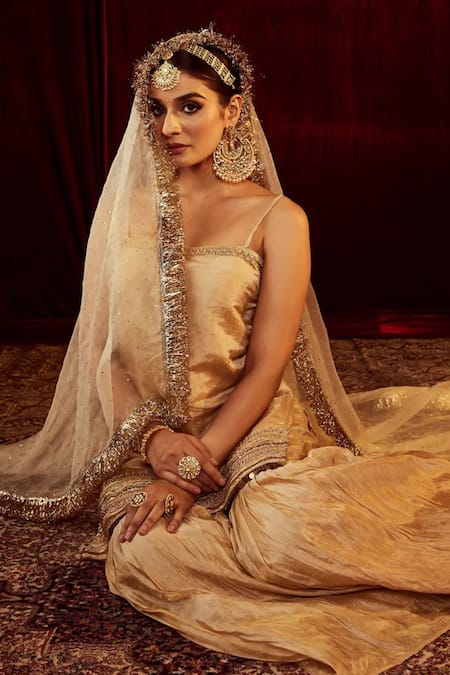 Roze_Gold Tissue, Muslin Sequins, Lace Square Sultana Embellished Kurta Sharara Set _Online_at_Aza_Fashions