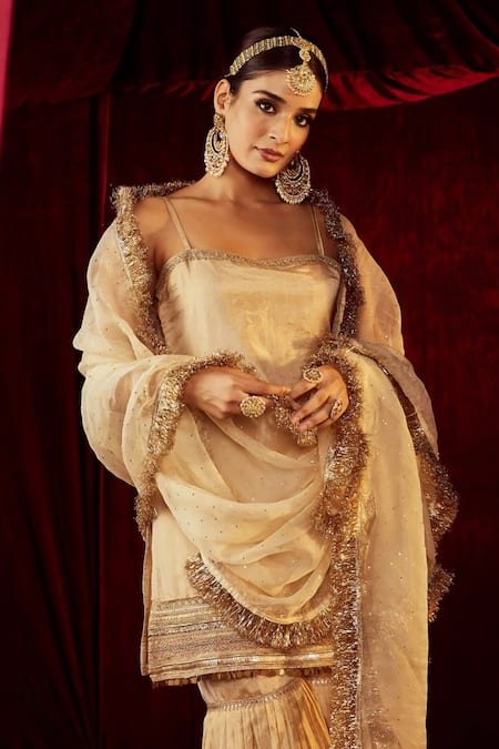 Roze_Gold Tissue, Muslin Sequins, Lace Square Sultana Embellished Kurta Sharara Set _at_Aza_Fashions