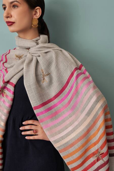 Shop Mauli Cashmere Grey Metallic Wings Embroidered Stole at Aza Fashions Shop_Mauli Cashmere_Grey Metallic Wings Embroidered Stole_at_Aza_Fashions