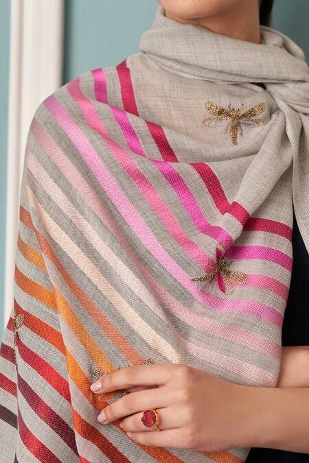 Mauli Cashmere Grey Metallic Wings Embroidered Stole Online at Aza Fashions Mauli Cashmere_Grey Metallic Wings Embroidered Stole_Online_at_Aza_Fashions