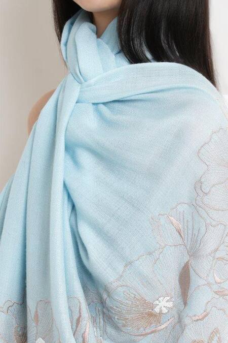 Mauli Cashmere_Blue Poppy Affair Embroidered Stole_Online_at_Aza_Fashions