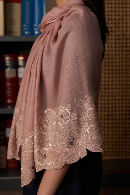 Mauli Cashmere_Pink Magnolia Bloom Pattern Stole_Online_at_Aza_Fashions