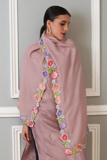 Shop Mauli Cashmere Pink Floral Sprinkle Embroidered Border Stole at Aza Fashions Shop_Mauli Cashmere_Pink Floral Sprinkle Embroidered Border Stole_at_Aza_Fashions