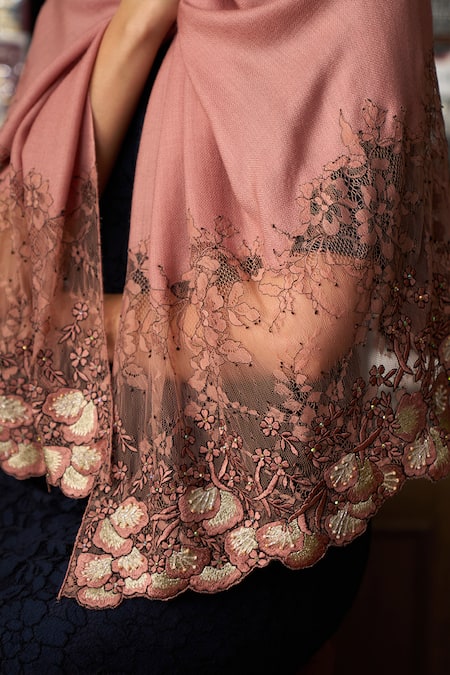 Mauli Cashmere_Pink Dainty Petals Pattern Stole_Online_at_Aza_Fashions