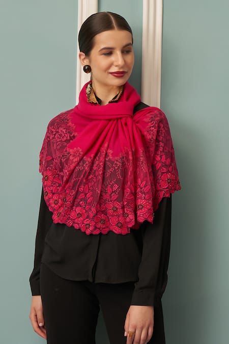 MAULI CASHMERE Pink Embroidered Floral Stole