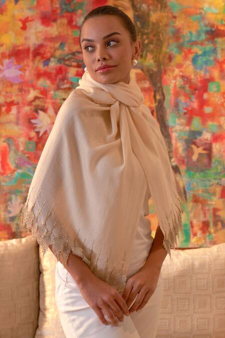 Mauli Cashmere_Beige Leafy Sparkle Embroidered Border Stole_Online_at_Aza_Fashions