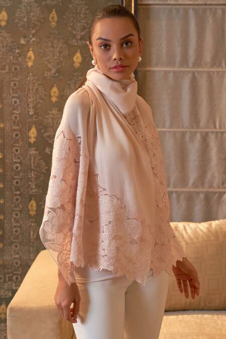Shop Mauli Cashmere Ivory A Rose Dream Embroidered Stole at Aza Fashions Shop_Mauli Cashmere_Ivory A Rose Dream Embroidered Stole_at_Aza_Fashions