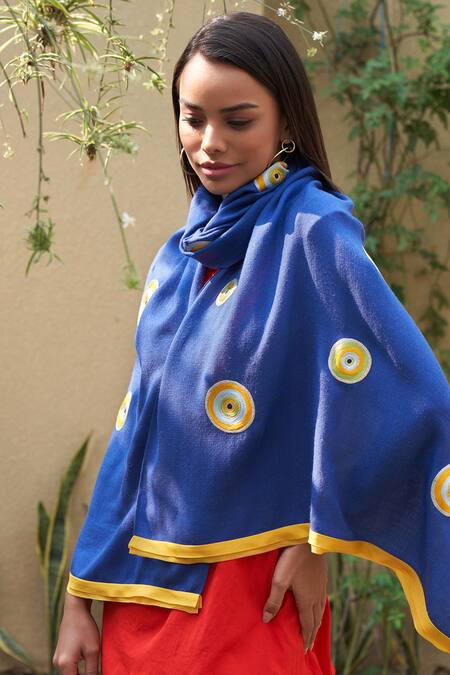 Shop Mauli Cashmere Blue The Evil Eye Pattern Stole at Aza Fashions Shop_Mauli Cashmere_Blue The Evil Eye Pattern Stole_at_Aza_Fashions