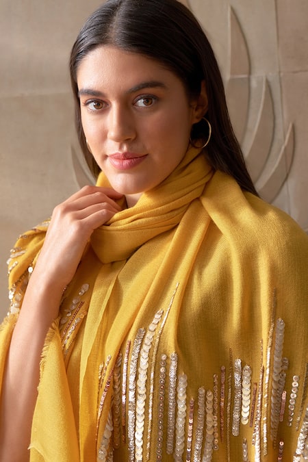 Mauli Cashmere_Yellow Shooting Stars Embroidered Stole_Online_at_Aza_Fashions
