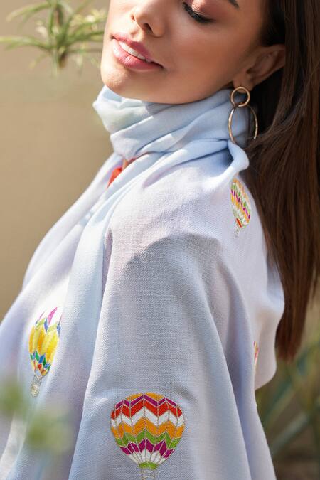 Mauli Cashmere_Blue Fly Into The Sky Embroidered Stole_Online_at_Aza_Fashions