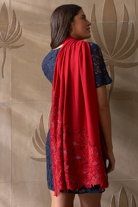 Shop Mauli Cashmere Red A Rose Dream Pattern Stole at Aza Fashions Shop_Mauli Cashmere_Red A Rose Dream Pattern Stole_at_Aza_Fashions