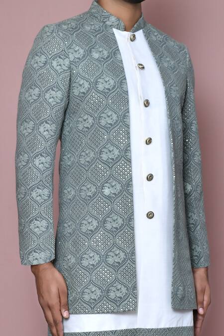 Aryavir Malhotra_Grey Banarasi Dupion Embroidery Sequin Layered Sherwani With Dhoti Pant _at_Aza_Fashions
