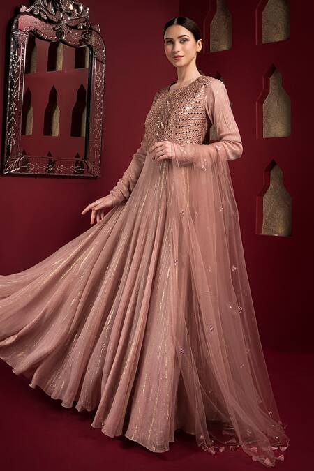 Sonia Baderia_Pink Crepe, Net, Satin Mirrors Split Embroidered Shimmer Anarkali With Dupatta_Online_at_Aza_Fashions