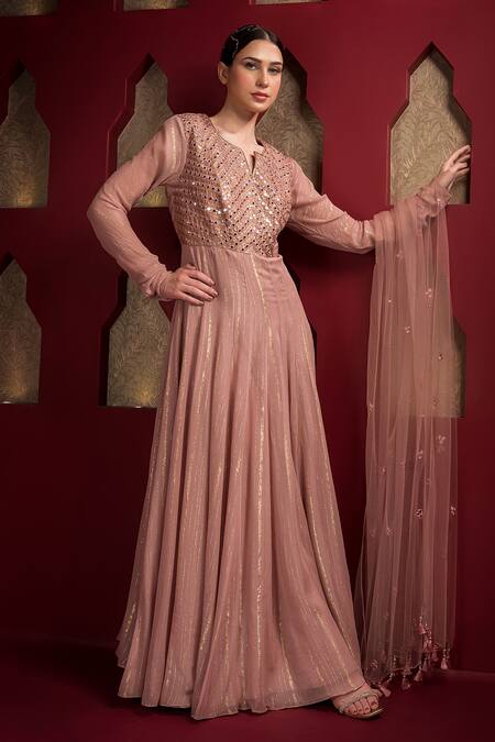 Buy_Sonia Baderia_Pink Crepe, Net, Satin Mirrors Split Embroidered Shimmer Anarkali With Dupatta_Online_at_Aza_Fashions