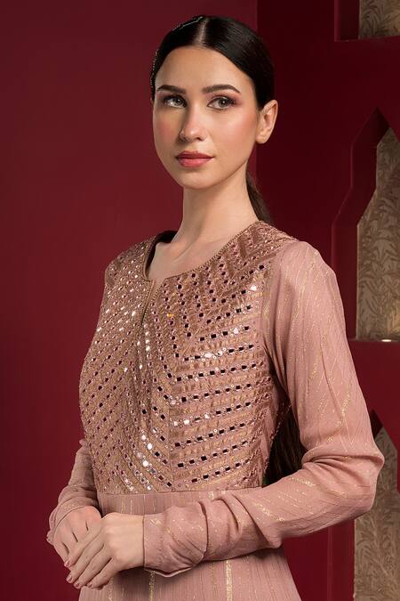 Shop_Sonia Baderia_Pink Crepe, Net, Satin Mirrors Split Embroidered Shimmer Anarkali With Dupatta_Online_at_Aza_Fashions