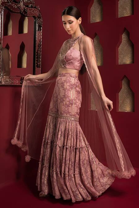 Buy_Sonia Baderia_Pink Crepe, Chiffon Mirrors Round Neck Net Long Cape Gharara Set_Online_at_Aza_Fashions