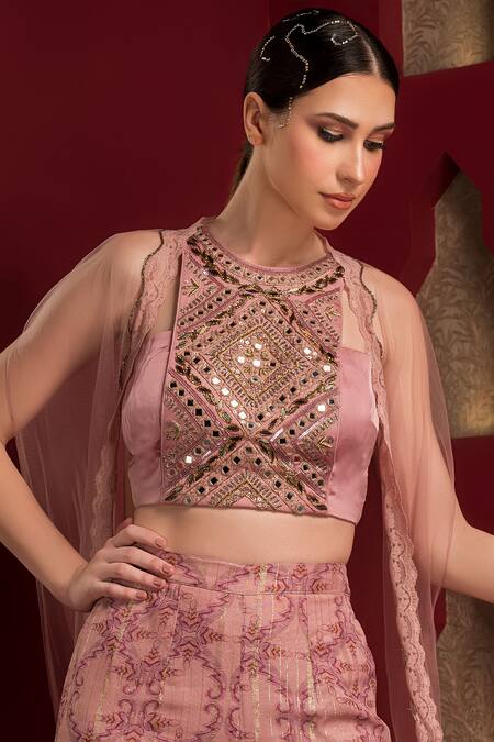 Shop_Sonia Baderia_Pink Crepe, Chiffon Mirrors Round Neck Net Long Cape Gharara Set_Online_at_Aza_Fashions