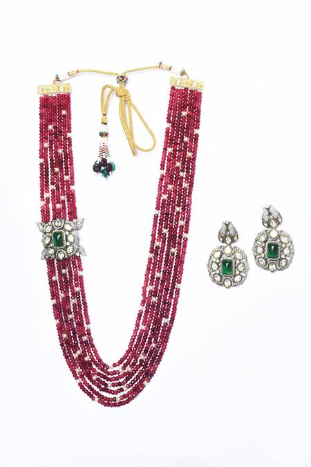 Shop_Moh-Maya By Disha Khatri_Red Pearls, Zari Bead Layered Embellished Necklace Set _Online_at_Aza_Fashions
