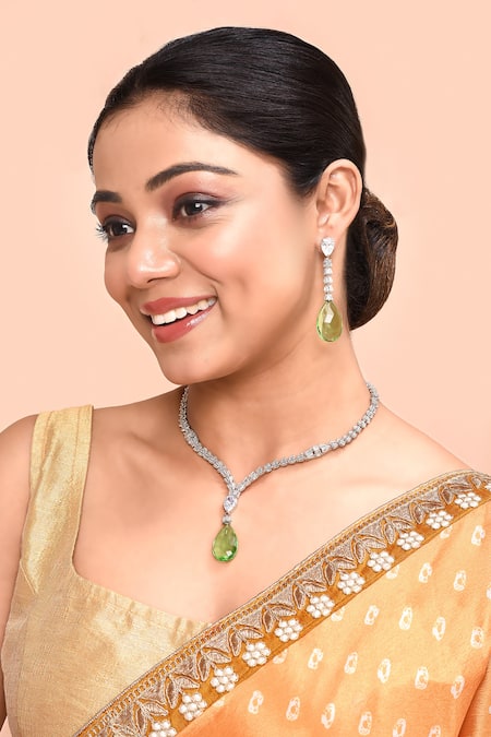 Moh-Maya By Disha Khatri Green Zari, Stones Zirconia Embellished Pendant Necklace Set 