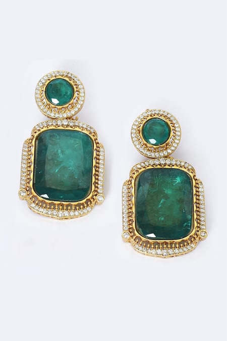 Buy_Moh-Maya By Disha Khatri_Green Diamonds, Stones Emerald Embellished Pendant Necklace Set _Online_at_Aza_Fashions