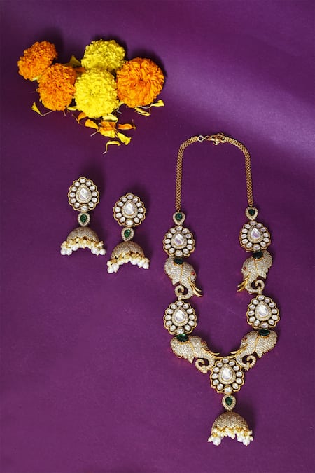Shop_Moh-Maya By Disha Khatri_Multi Color Zari Elephant Carved Pendant Necklace Set _at_Aza_Fashions