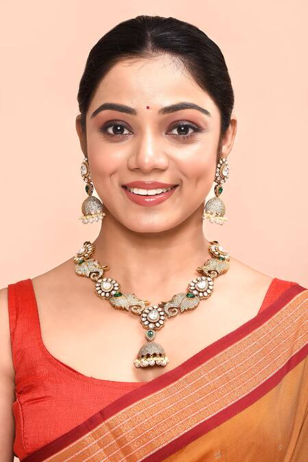 Moh-Maya By Disha Khatri_Multi Color Zari Elephant Carved Pendant Necklace Set _Online_at_Aza_Fashions