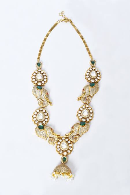 Buy_Moh-Maya By Disha Khatri_Multi Color Zari Elephant Carved Pendant Necklace Set _Online_at_Aza_Fashions